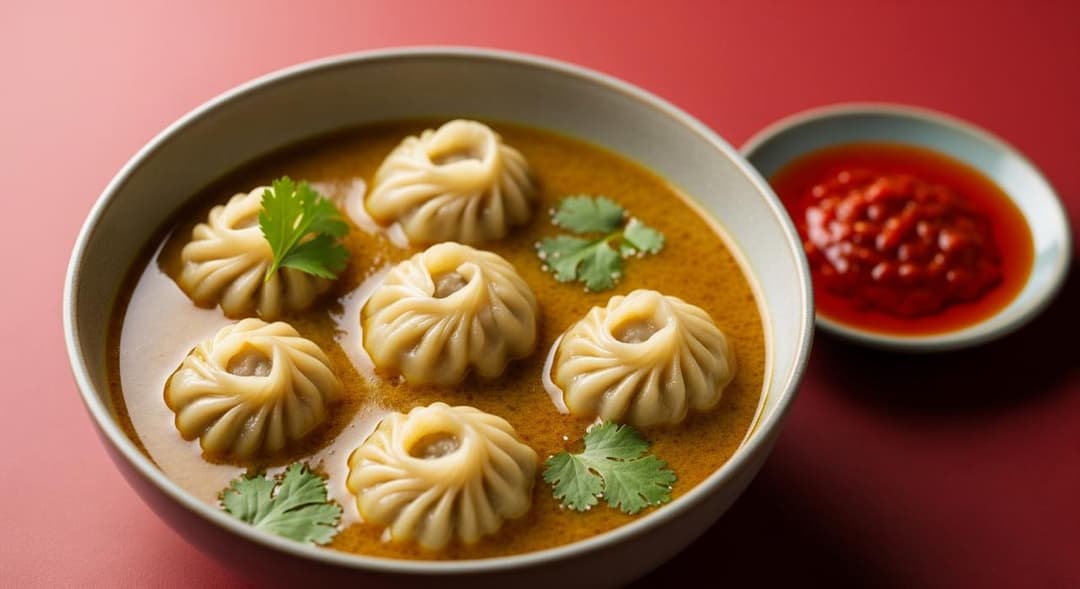 Traditional Nepali momos beautifully arranged with chutney